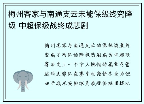 梅州客家与南通支云未能保级终究降级 中超保级战终成悲剧